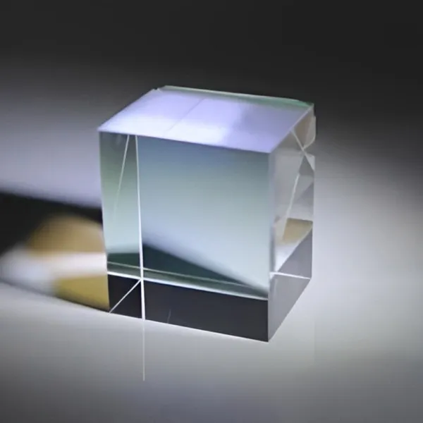 Glass cube beam splitter with its diagonal coated interface visible