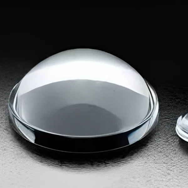 Domed glass condenser lens on a dark surface
