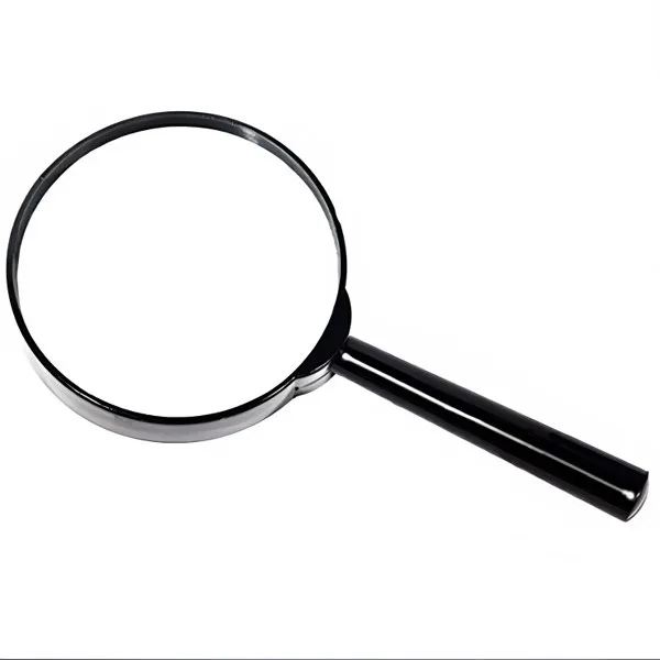 Handheld glass magnifier with a black frame and handle